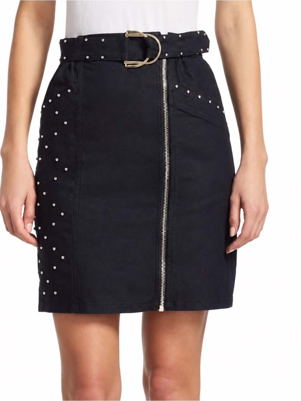 Maje Paris Junta Studded Belted Denim Mini Skirt Navy Size 34 XS
